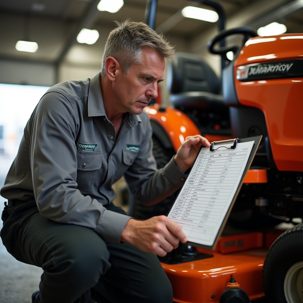 Landscaping technician reviewing equipment maintenance log on a clipboard next to a commercial mower