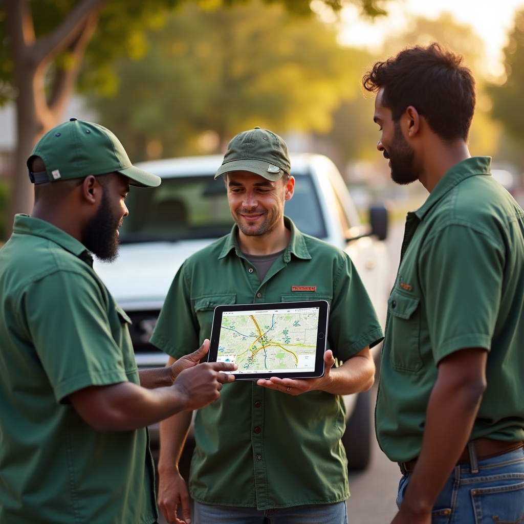 Landscaping crew reviewing route plan on tablet at job site