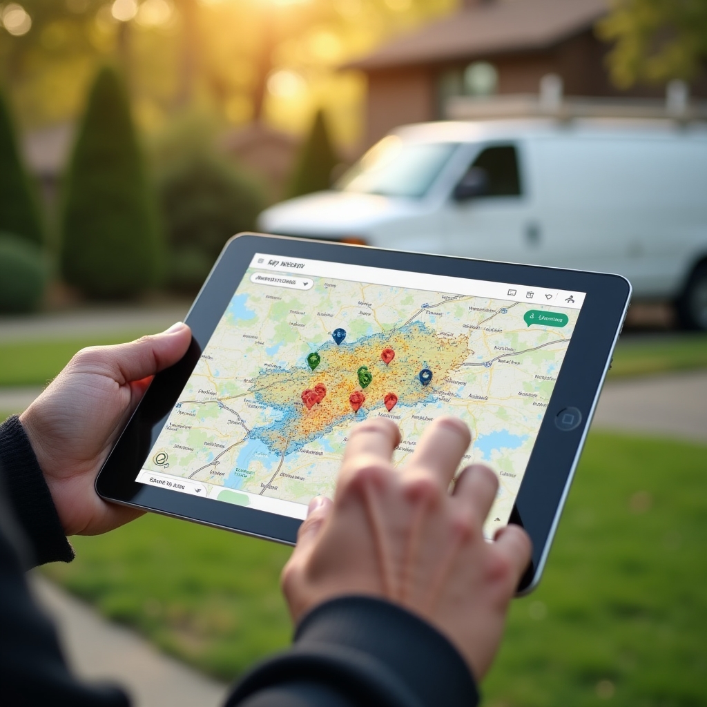 Close-up of route optimization map displayed on a tablet held by a landscaping business owner