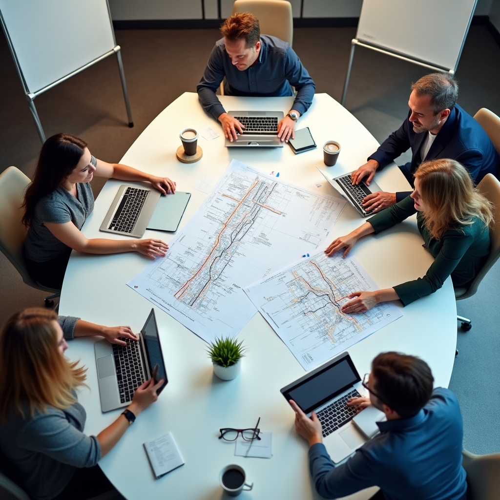 Overhead view of landscaping business workshop session with participants reviewing operational charts
